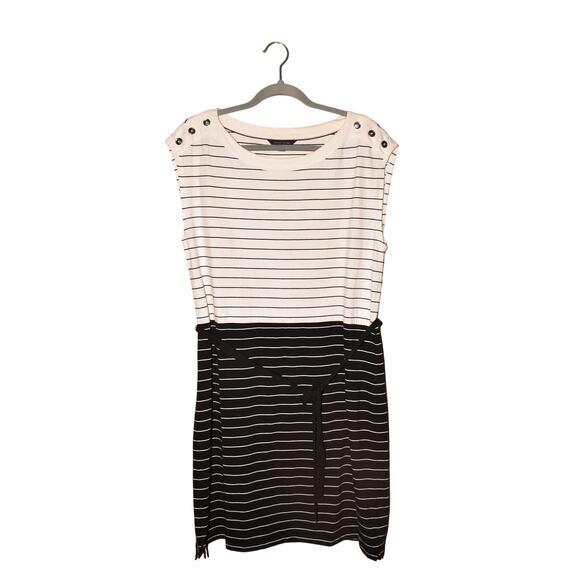 TOMMY HILFIGER $132 White‎ Black Striped Nautical Shift Dress Belted Large - Picture 1 of 3